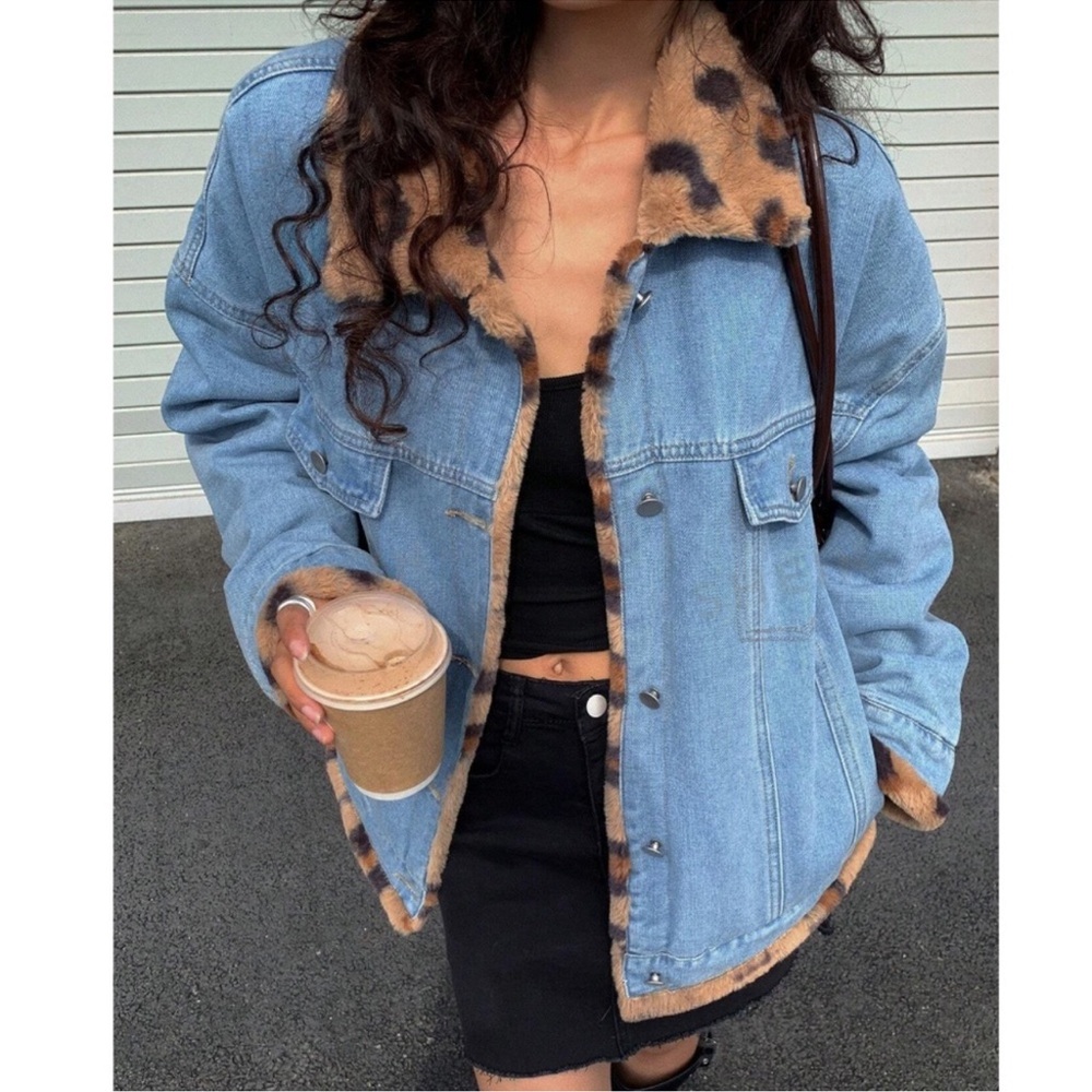 Luxe Leopard Print Vegan Fur Denim Jean Reversible Jacket Coat S M L
